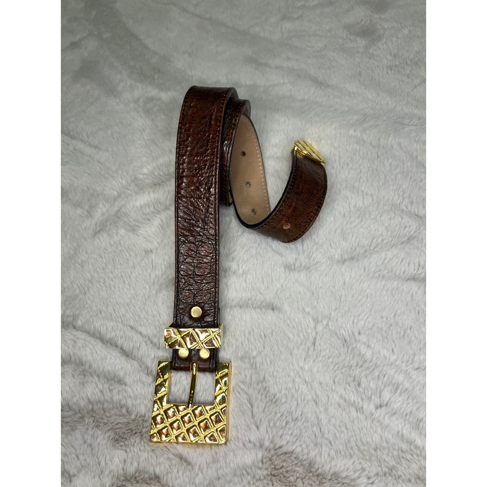 VTG Jo Ann's Leather Belt Gold Lattice Buckle Textured Brown 32